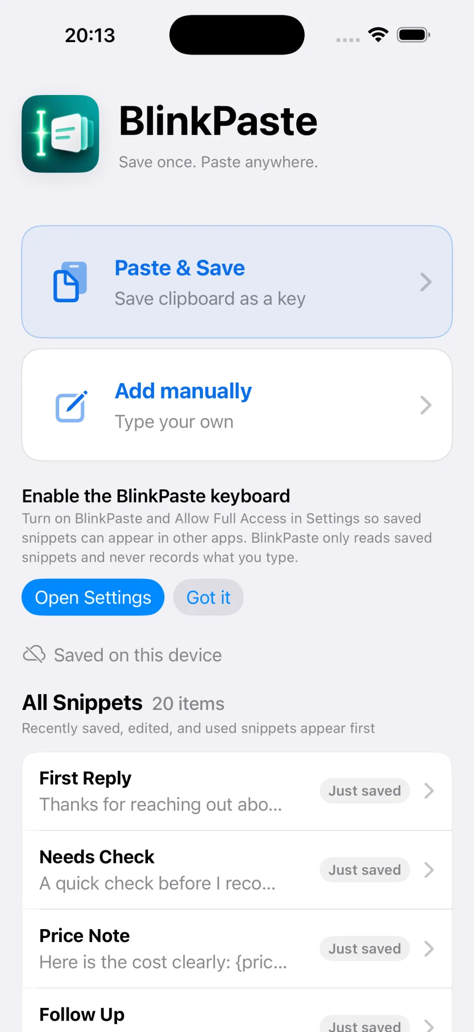 BlinkPaste main app with saved snippets and clipboard save actions