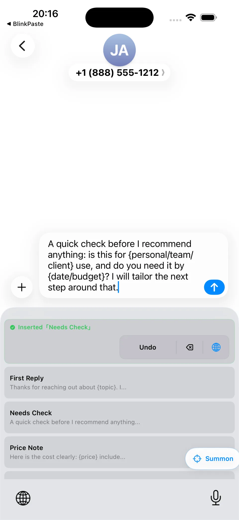 BlinkPaste keyboard pasting a saved reply in Messages