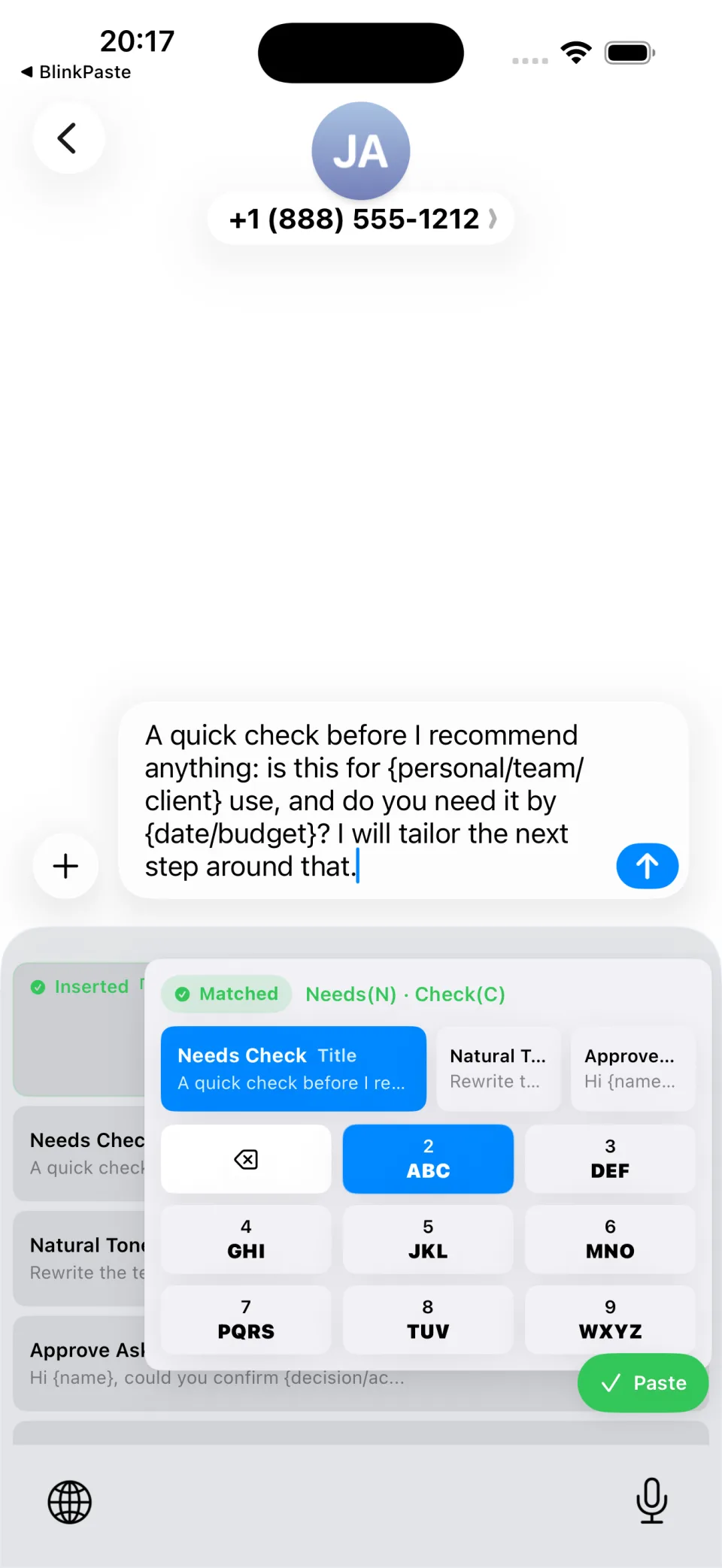 BlinkPaste Summon panel finding a saved snippet by initials