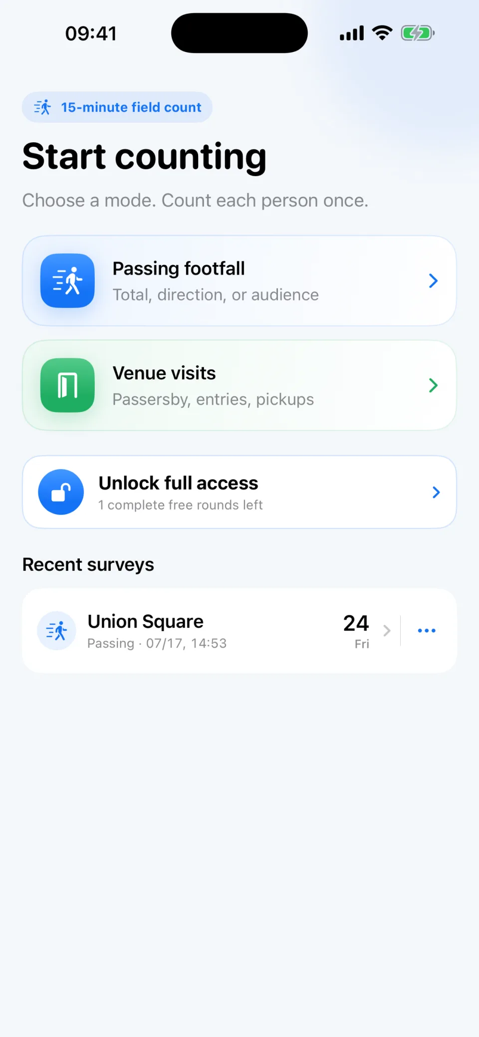 Footfall Tally home screen with a recent survey