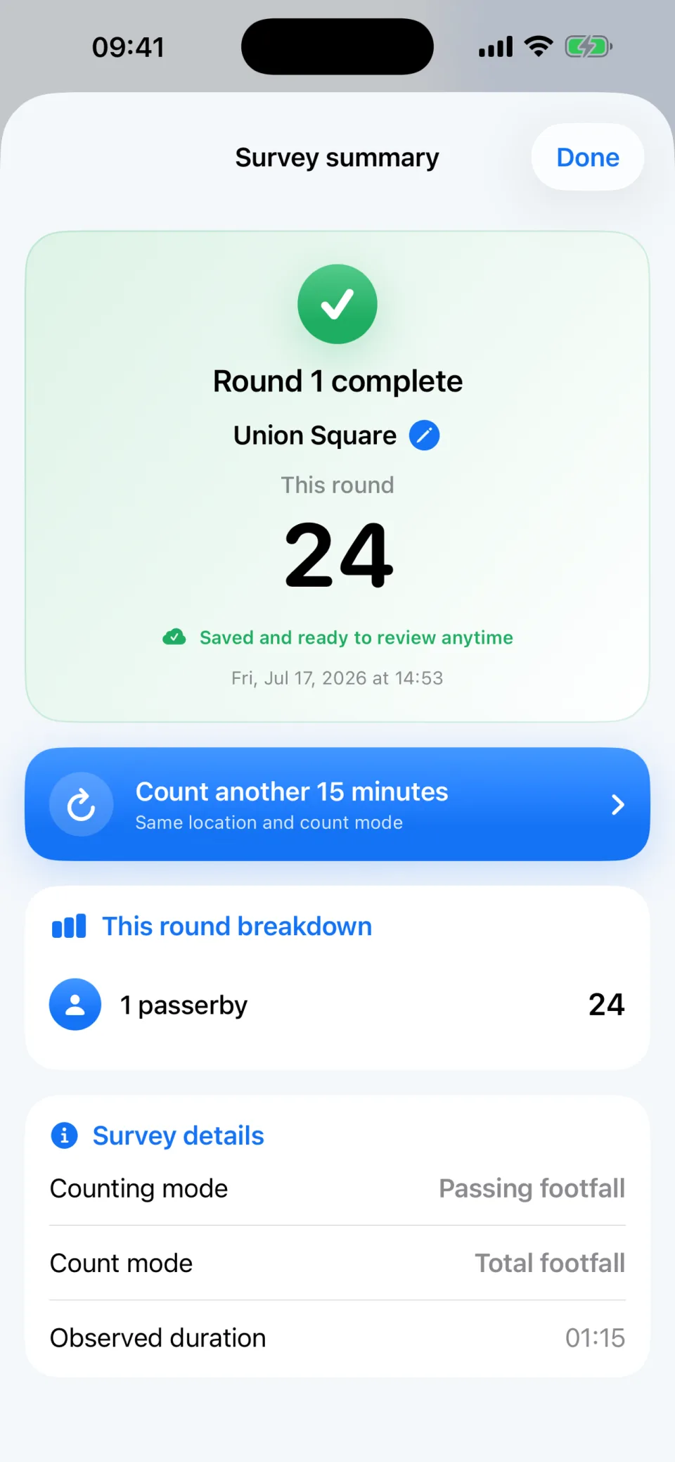 Footfall Tally completed round summary