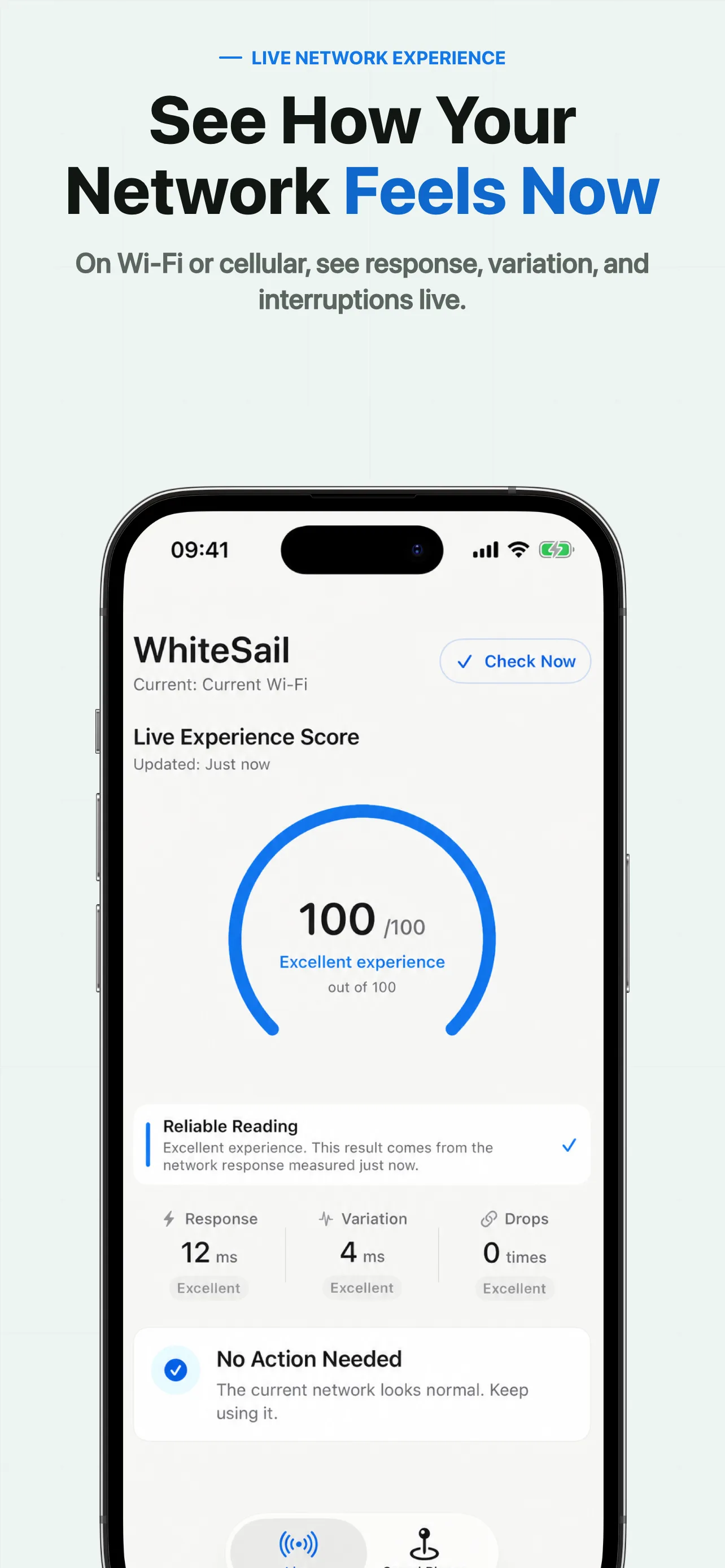 WhiteSail live network experience screen showing responsiveness, variation, and interruptions